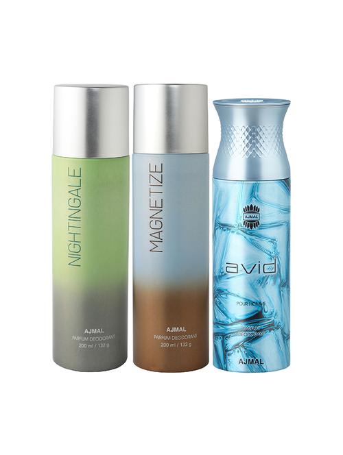 ajmal nightingale and magnetize for unisex and avid for men deodorants each 200ml combo pack of 3 (total 600ml) + 3 testers - 17404222 - Very Small Image - 1