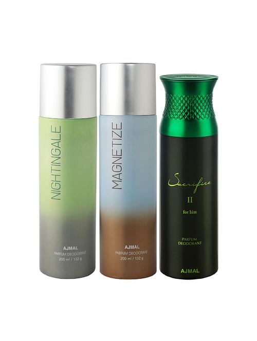 ajmal nightingale and magnetize for unisex and sacrifice ii for men deodorants combo pack of 3 (total 600ml) + 3 testers - 17404225 - Very Small Image - 1