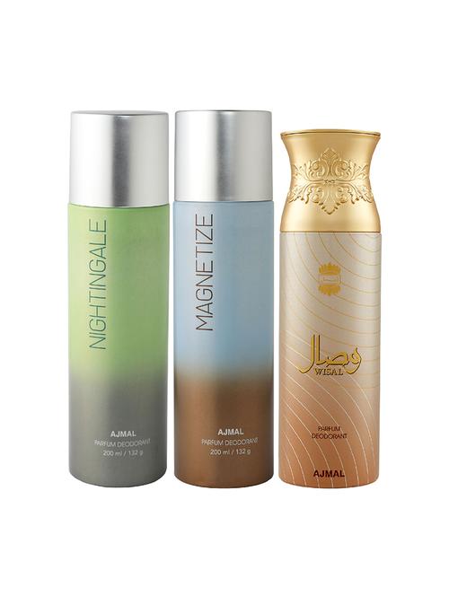 ajmal nightingale and magnetize for unisex and wisal for women deodorants combo pack of 3 (total 600ml) + 3 testers - 17404229 - Very Small Image - 1