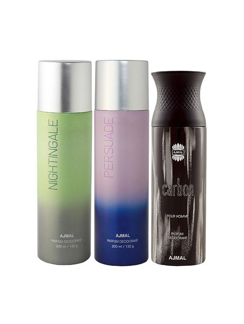 ajmal nightingale and persuade for unisex and carbon for men deodorants each 200ml combo pack of 3 (total 600ml) + 3 testers - 17404235 - Very Small Image - 1
