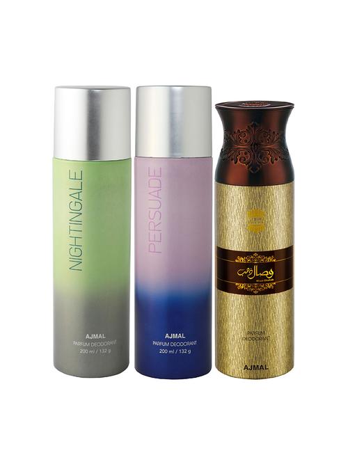 ajmal nightingale and persuade for unisex and wisal dhahab for men deodorants combo pack of 3 (total 600ml) + 3 testers - 17404240 - Very Small Image - 1