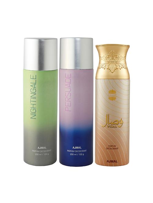 ajmal nightingale and persuade for unisex and wisal for women deodorants combo pack of 3 (total 600ml) + 3 testers - 17404241 - Very Small Image - 1