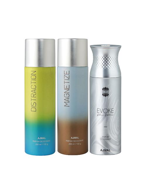 ajmal distraction and magnetize for unisex and evoke silver for men deodorants combo pack of 3 (total 600ml) + 3 testers - 17404248 - Very Small Image - 1