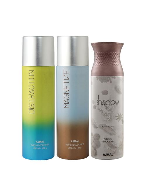 ajmal distraction and magnetize for unisex and shadow him for men deodorants combo pack of 3 (total 600ml) + 3 testers - 17404250 - Very Small Image - 1