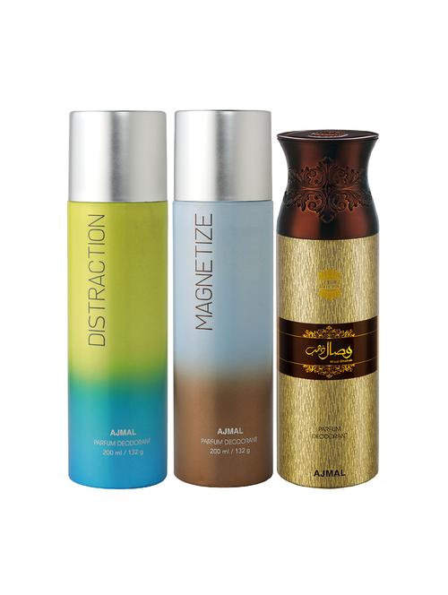 ajmal distraction and magnetize for unisex and wisal dhahab for men deodorants combo pack of 3 (total 600ml) + 3 testers - 17404252 - Very Small Image - 1