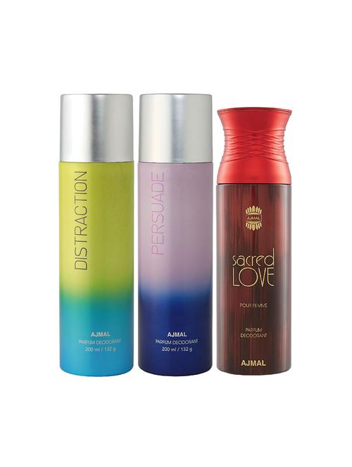ajmal distraction and persuade for unisex and sacred love for women deodorants combo pack of 3 (total 600ml) + 3 testers - 17404254 - Very Small Image - 1