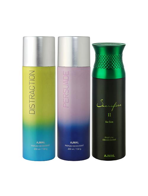 ajmal distraction and persuade for unisex and sacrifice ii for men deodorants combo pack of 3 (total 600ml) + 3 testers - 17404261 - Very Small Image - 1