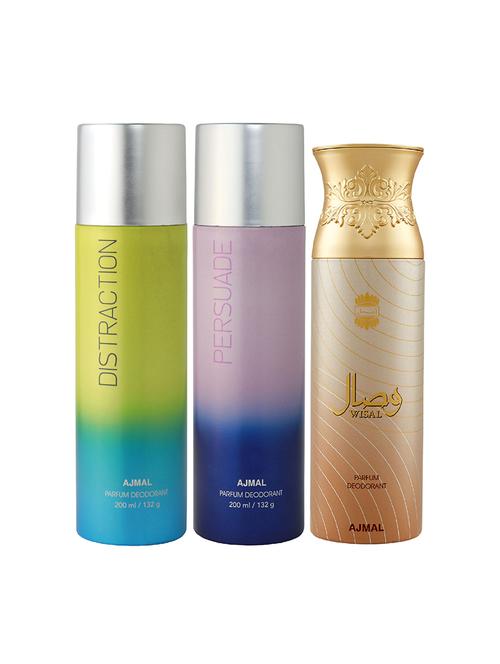 ajmal distraction and persuade for unisex and wisal for women deodorants combo pack of 3 (total 600ml) + 3 testers - 17404265 - Very Small Image - 1