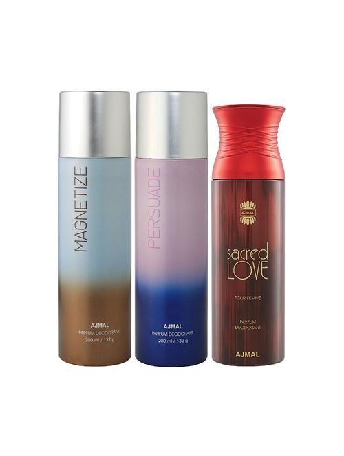 ajmal magnetize and persuade for unisex and sacred love for women deodorants combo pack of 3 (total 600ml) + 3 testers - 17404266 - Very Small Image - 1