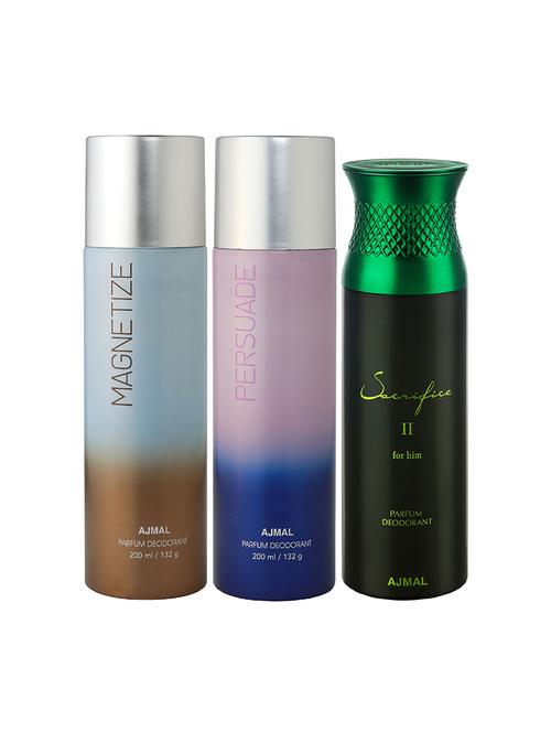 ajmal magnetize and persuade for unisex and sacrifice ii for men deodorants combo pack of 3 (total 600ml) + 3 testers - 17404273 - Very Small Image - 1