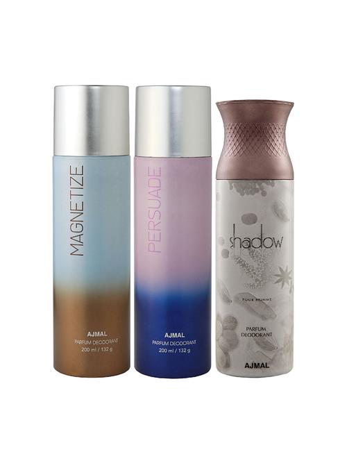 ajmal magnetize and persuade for unisex and shadow him for men deodorants combo pack of 3 (total 600ml) + 3 testers - 17404274 - Very Small Image - 1