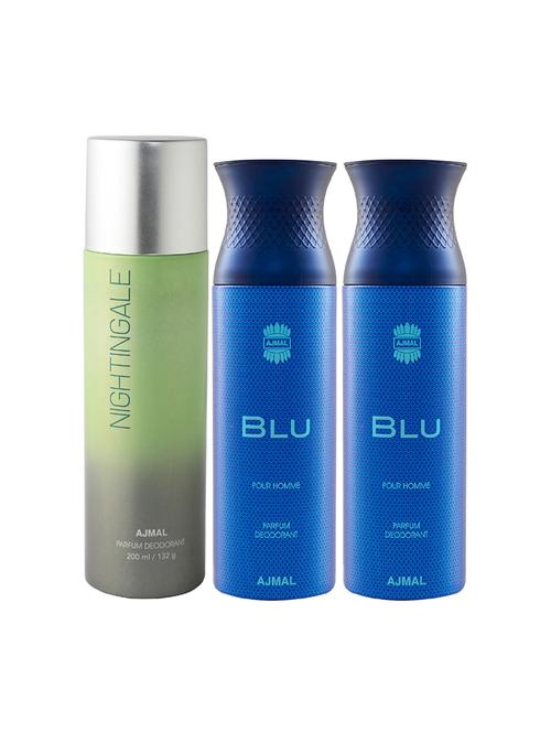 ajmal 1 nightingale for unisex and 2 blu homme for men deodorants each 200ml combo pack of 3 (total 600ml) + 3 testers - 17404279 - Very Small Image - 1