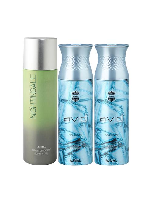 ajmal 1 nightingale for unisex and 2 avid for men deodorants each 200ml combo pack of 3 (total 600ml) + 3 parfum testers - 17404282 - Very Small Image - 1