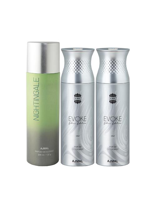 ajmal 1 nightingale for unisex and 2 evoke silver for him for men deodorants combo pack of 3 (total 600ml) + 3 testers - 17404284 - Very Small Image - 1
