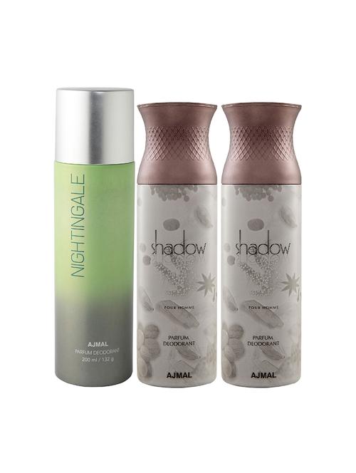 ajmal 1 nightingale for unisex and 2 shadow him for men deodorants each 200ml combo pack of 3 (total 600ml) + 3 testers - 17404286 - Very Small Image - 1