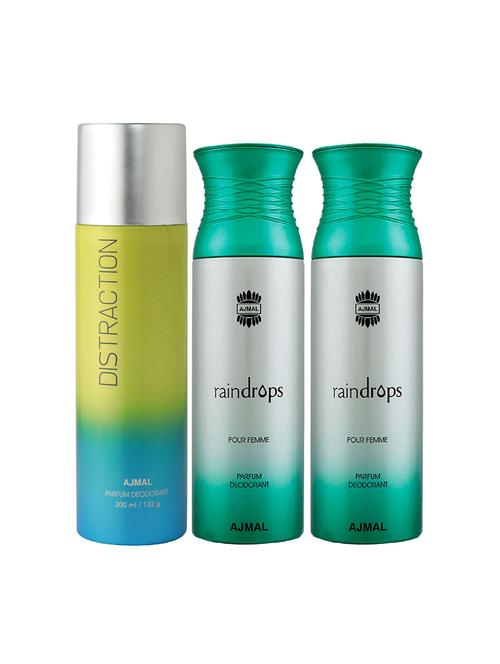 ajmal 1 distraction for unisex and 2 raindrops femme for women deodorants combo pack of 3 (total 600ml) + 3 testers - 17404292 - Very Small Image - 1