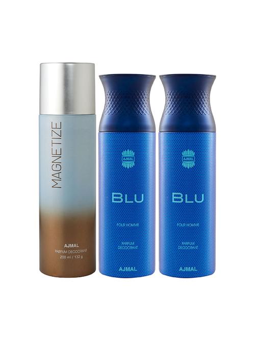 ajmal 1 magnetize for unisex and 2 blu homme for men deodorants each 200ml combo pack of 3 (total 600ml) + 3 parfum testers - 17404303 - Very Small Image - 1