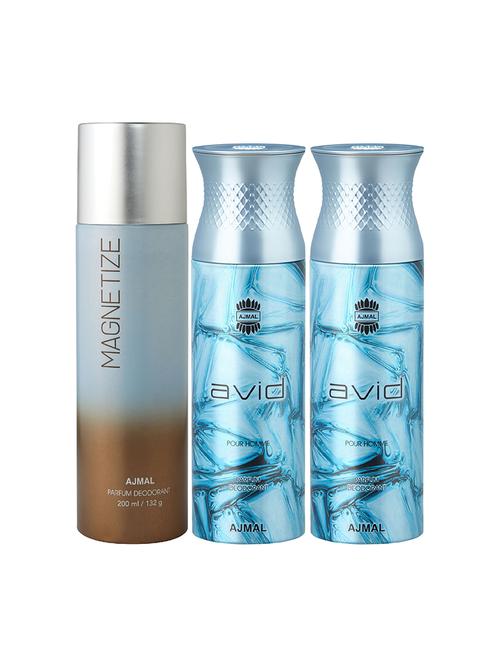 ajmal 1 magnetize for unisex and 2 avid for men deodorants each 200ml combo pack of 3 (total 600ml) + 3 parfum testers - 17404306 - Very Small Image - 1