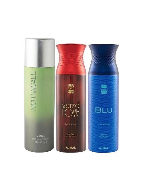 ajmal 1 nightingale for unisex, 1 sacred love for women and 1 blu for men deodorants combo pack of 3(total 600ml)+3 testers - 17404326 - Very Small Image - 1