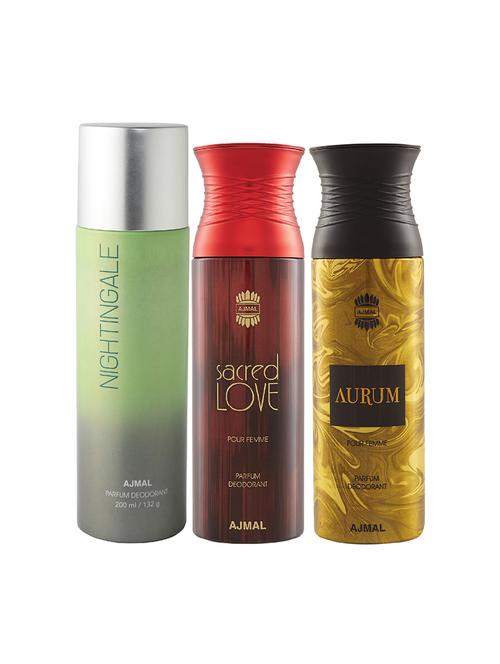 ajmal 1 nightingale for unisex, 1 sacred love for women, 1 aurum for women deodorants combo pack of 3(total 600ml)+3 testers - 17404328 - Very Small Image - 1