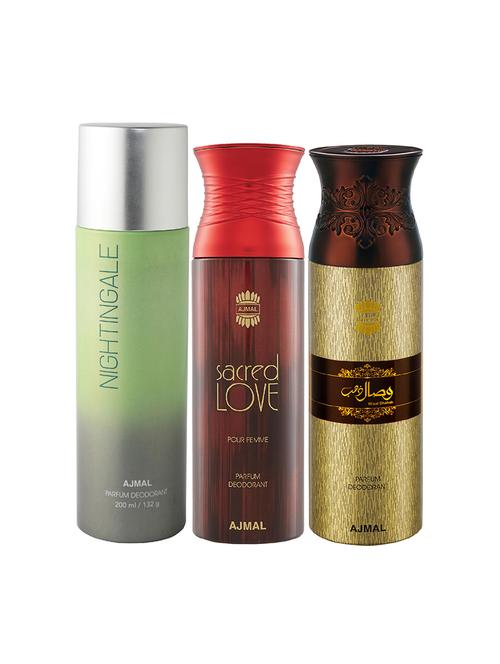 ajmal 1 nightingale for unisex,1 sacred love for women,1 wisal dhahab for men combo pack of 3 deos(total 600ml)+3 testers - 17404335 - Very Small Image - 1