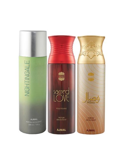 ajmal 1 nightingale for unisex, 1 sacred love for women, 1 wisal for women deodorants combo pack of 3(total 600ml)+3 testers - 17404336 - Very Small Image - 1