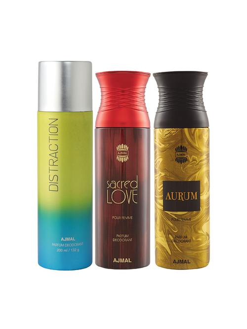 ajmal 1 distraction for unisex, 1 sacred love for women, 1 aurum for women deodorants combo pack of 3(total 600ml)+3 testers - 17404339 - Very Small Image - 1