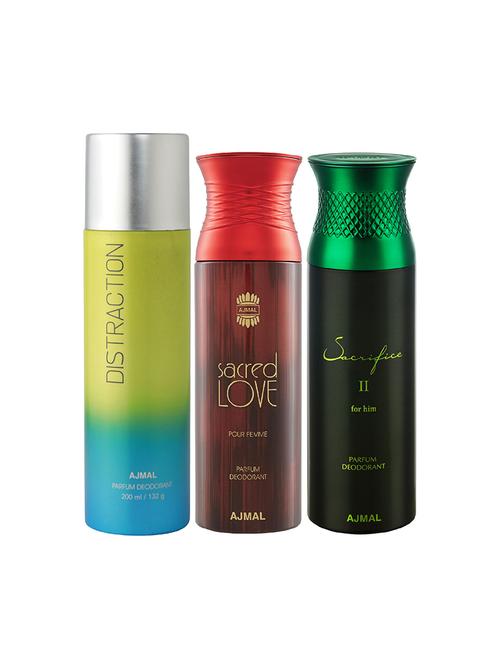 ajmal 1 distraction for unisex,1 sacred love for women,1 sacrifice ii for men combo pack of 3 deos(total 600ml)+3 testers - 17404343 - Very Small Image - 1