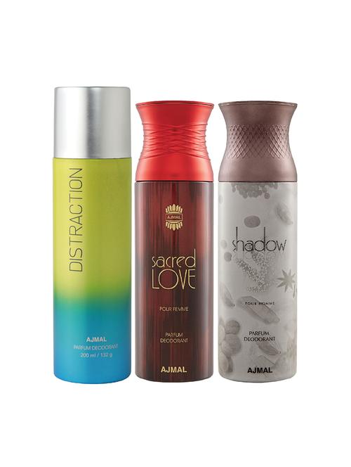 ajmal 1 distraction for unisex,1 sacred love for women,1 shadow him for men deodorants combo pack of 3(total 600ml)+3 testers - 17404344 - Very Small Image - 1