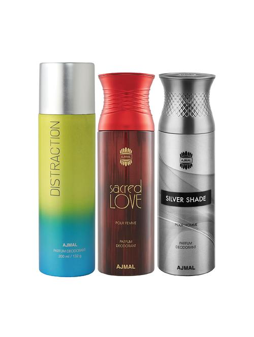 ajmal 1 distraction for unisex,1 sacred love for women,1 silver shade for men combo pack of 3 deos(total 600ml)+3 testers - 17404345 - Very Small Image - 1