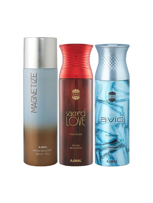ajmal 1 magnetize for unisex, 1 sacred love for women and 1 avid for men deodorants combo pack of 3 (total 600ml) + 3 testers - 17404351 - Very Small Image - 1