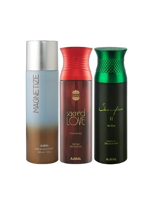 ajmal 1 magnetize for unisex,1 sacred love for women,1 sacrifice ii for men deodorants combo pack of 3(total 600ml)+3 testers - 17404354 - Very Small Image - 1