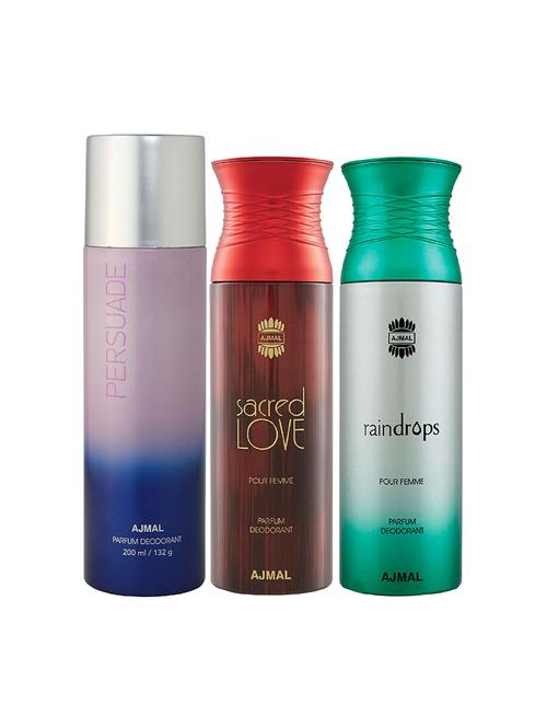 ajmal 1 persuade for unisex, 1 sacred love for women, 1 raindrops for women deodorants combo pack of 3(total 600ml)+3 testers - 17404360 - Very Small Image - 1