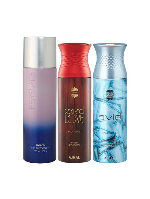 ajmal 1 persuade for unisex, 1 sacred love for women and 1 avid for men deodorants combo pack of 3 (total 600ml) + 3 testers - 17404362 - Very Small Image - 1