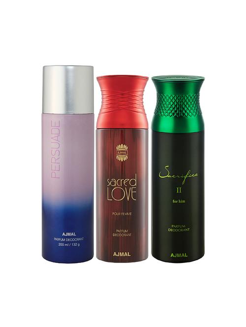 ajmal 1 persuade for unisex,1 sacred love for women,1 sacrifice ii for men deodorants combo pack of 3(total 600ml)+3 testers - 17404365 - Very Small Image - 1