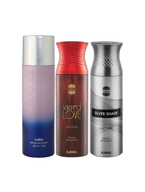ajmal 1 persuade for unisex,1 sacred love for women,1 silver shade for men deodorants combo pack of 3(total 600ml)+3 testers - 17404367 - Very Small Image - 1