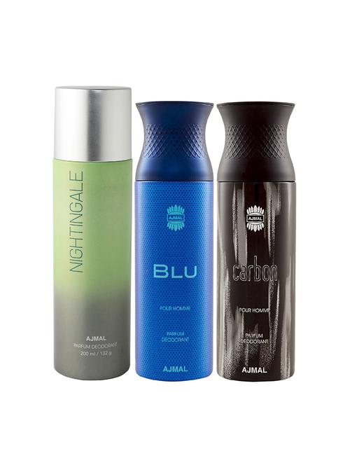 ajmal 1 nightingale for unisex, 1 blu for men and 1 carbon for men deodorants combo pack of 3 (total 600ml) + 3 testers - 17404373 - Very Small Image - 1