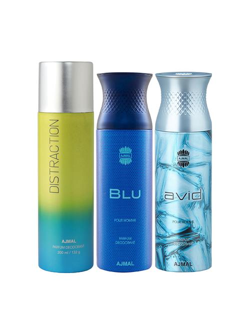 ajmal 1 distraction for unisex, 1 blu homme for men and 1 avid for men deodorants combo pack of 3 (total 600ml) + 3 testers - 17404382 - Very Small Image - 1