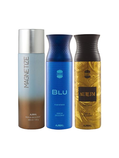 ajmal 1 magnetize for unisex, 1 blu for men and 1 aurum femme for women deodorants combo pack of 3 (total 600ml) + 3 testers - 17404391 - Very Small Image - 1