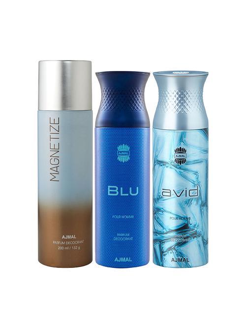 ajmal 1 magnetize for unisex, 1 blu homme for men and 1 avid for men deodorants combo pack of 3 (total 600ml) + 3 testers - 17404392 - Very Small Image - 1