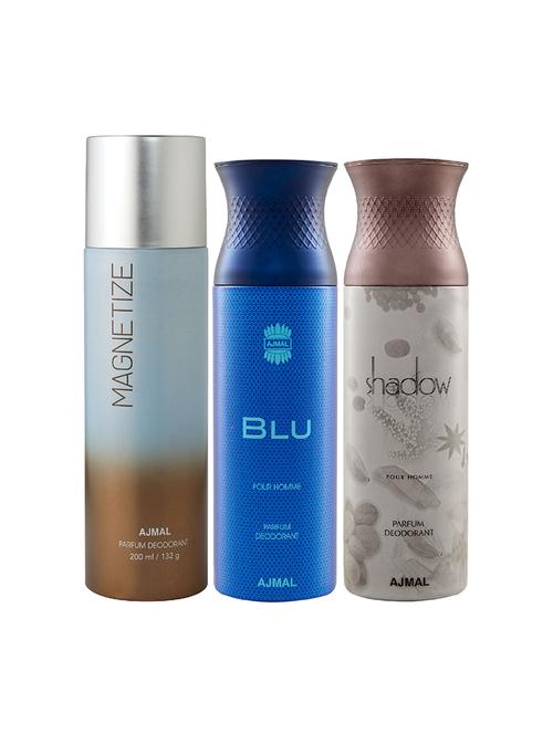 ajmal 1 magnetize for unisex, 1 blu for men and 1 shadow him for men deodorants combo pack of 3 (total 600ml) + 3 testers - 17404396 - Very Small Image - 1