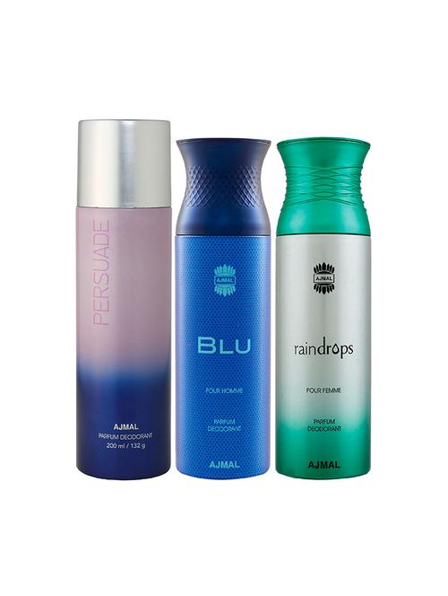 ajmal 1 persuade for unisex, 1 blu for men and 1 raindrops for women deodorants combo pack of 3 (total 600ml) + 3 testers - 17404400 - Very Small Image - 1