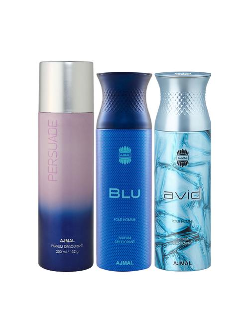ajmal 1 persuade for unisex, 1 blu homme for men and 1 avid for men deodorants combo pack of 3 (total 600ml) + 3 testers - 17404402 - Very Small Image - 1