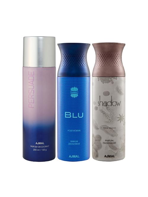 ajmal 1 persuade for unisex, 1 blu for men and 1 shadow him for men deodorants combo pack of 3 (total 600ml) + 3 testers - 17404406 - Very Small Image - 1