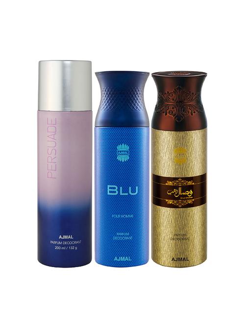 ajmal 1 persuade for unisex, 1 blu for men and 1 wisal dhahab for men deodorants combo pack of 3 (total 600ml) + 3 testers - 17404408 - Very Small Image - 1
