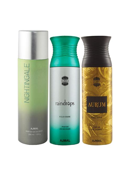 ajmal 1 nightingale for unisex, 1 raindrops for women, 1 aurum for women deodorants combo pack of 3 (total 600ml) + 3 testers - 17404410 - Very Small Image - 1