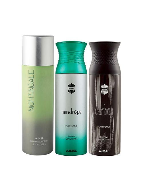 ajmal 1 nightingale for unisex, 1 raindrops for women and 1 carbon for men deodorants combo pack of 3(total 600ml)+3 testers - 17404412 - Very Small Image - 1
