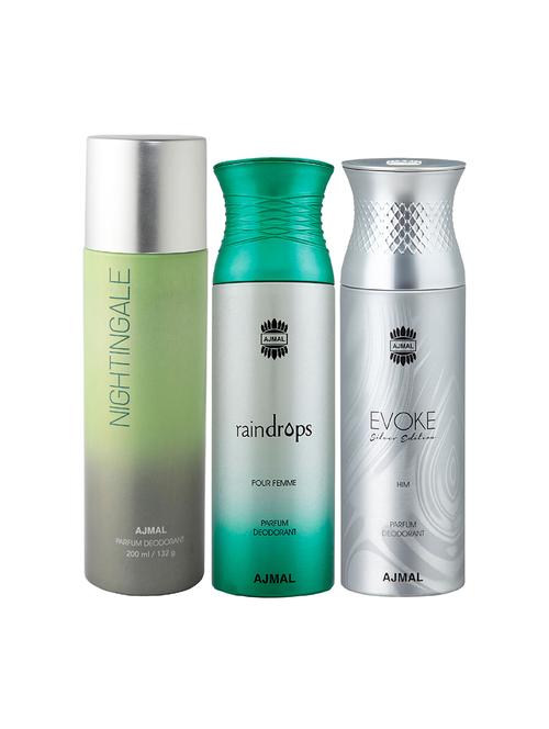 ajmal 1 nightingale for unisex,1 raindrops for women,1 evoke silver for men deodorants combo pack of 3(total 600ml)+3 testers - 17404413 - Very Small Image - 1