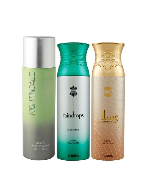 ajmal 1 nightingale for unisex, 1 raindrops for women, 1 wisal for women deodorants combo pack of 3 (total 600ml) + 3 testers - 17404418 - Very Small Image - 1