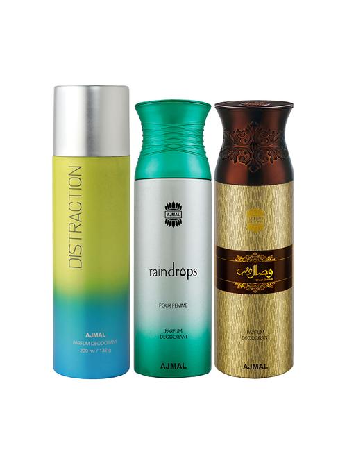 ajmal 1 distraction for unisex,1 raindrops for women,1 wisal dhahab for men deodorants combo pack of 3(total 600ml)+3 testers - 17404426 - Very Small Image - 1